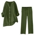 thumbnail image 1 of ZAZYULZ Women Suits Women's Solid Color Fashionable Casual Cotton And Linen Pocket Long Sleeved Shirt Tie Up Long Pants Set(Green,L), 1 of 4