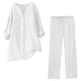 thumbnail image 1 of ZAZYULZ Women Suits Women's Solid Color Fashionable Casual Cotton And Linen Pocket Long Sleeved Shirt Tie Up Long Pants Set(White,Xxxxl), 1 of 4