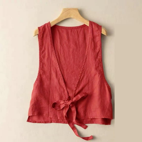 ZAZYULZ Women's Cotton Linen Vest Casual Sleeveless Jacket Tie Front Lightweight Vest(Red,M)