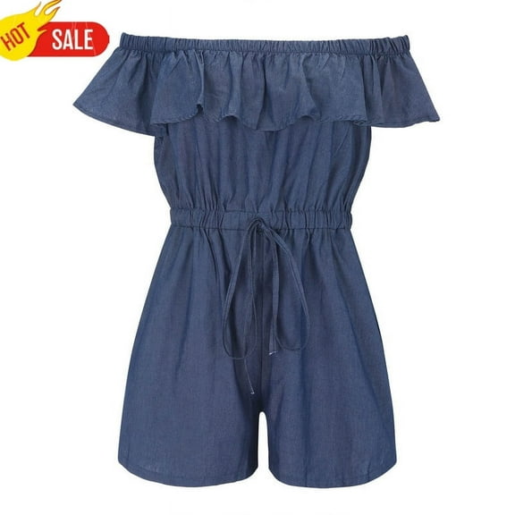 ZAZYULZ Women's Denim Jumpsuit Sexy Off Shoulder Ruffle Long Pants Romper Casual Jeans(A,Xl)