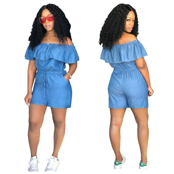 ZAZYULZ Women's Denim Jumpsuit Sexy Off Shoulder Ruffle Long Pants Romper Casual Jeans(B,Xxxl)