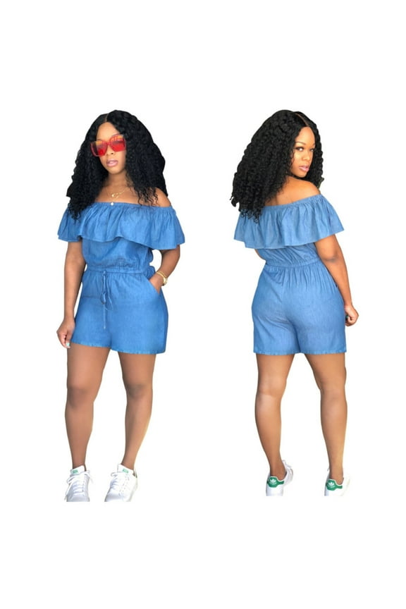 Women's Denim Jumpsuit Sexy Off Shoulder Ruffle Long Pants Romper Casual Jeans(B,Xxxl)