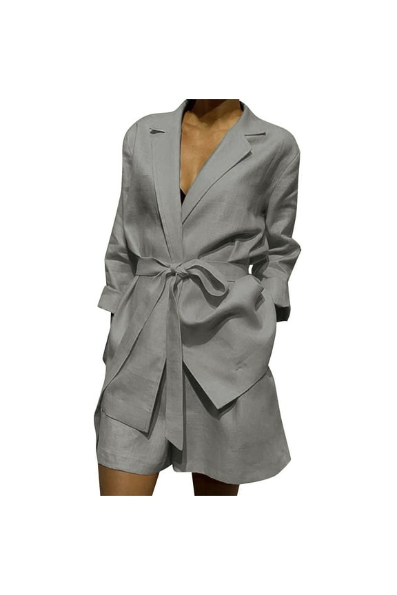 ZAZYULZ Women's Lapels Business Office Plain Long Sleeve Suit Jacket Slim Fit Shorts 2 Piece Suit Sets(Gray,M)