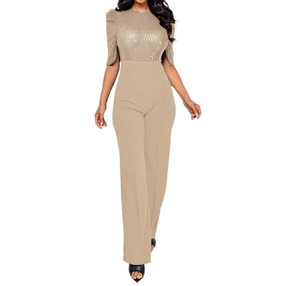 ZAZYULZ Women's Round Neck Medium Sleeved Waistband Loose Fitting Wide Leg Sequin Jumpsuit(Beige,M)