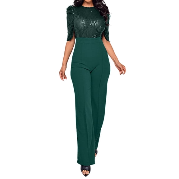 ZAZYULZ Charming Women's Round Neck Medium Sleeved Waistband Loose Fitting Wide Leg Sequin Jumpsuit(Green,M)