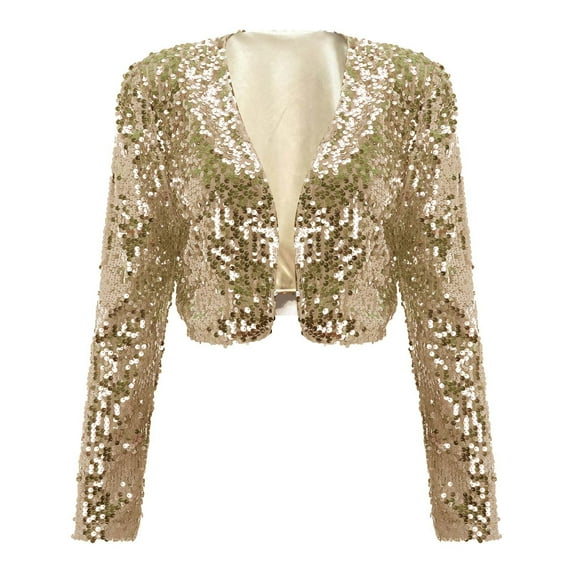 ZAZYULZ Women's Short Sequin Party Long Sleeve Jacket Party Blazer(Gold,A)