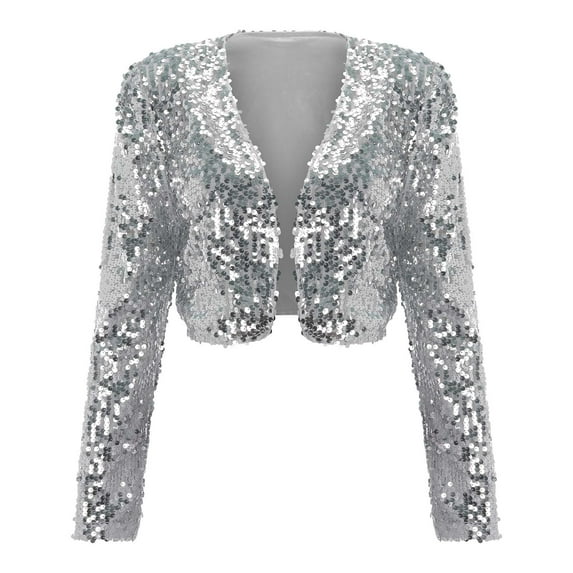 ZAZYULZ Women's Short Sequin Party Long Sleeve Jacket Party Blazer(Silver,A)