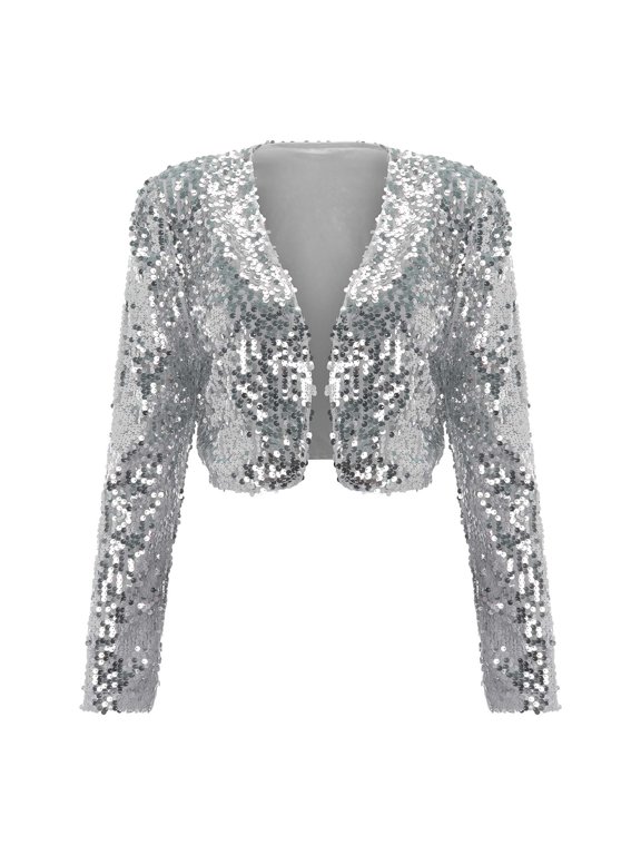 Women's Short Sequin Party Long Sleeve Jacket Party Blazer(Silver,A)