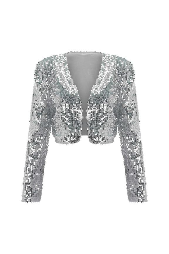 Women's Short Sequin Party Long Sleeve Jacket Party Blazer(Silver,A)