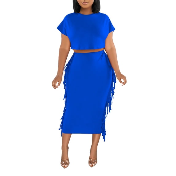 ZAZYULZ Women's Solid Color Tassel Round Neck Short Sleeve Long Skirt Set(Blue,Xl)
