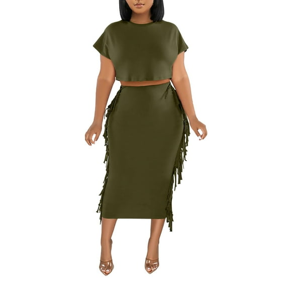 ZAZYULZ Women's Solid Color Tassel Round Neck Short Sleeve Long Skirt Set(Green,S)