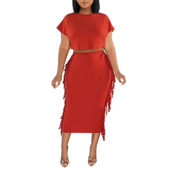 ZAZYULZ Women's Solid Color Tassel Round Neck Short Sleeve Long Skirt Set(Red,L)
