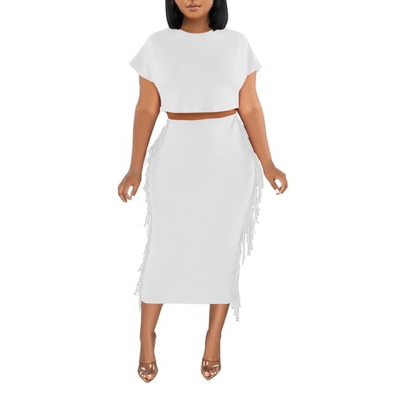 ZAZYULZ Women's Solid Color Tassel Round Neck Short Sleeve Long Skirt Set(White,S)