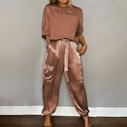 ZAZYULZ Women's Suiting Womens 2 Piece Outfits Dressy Pant Suits for a Wedding Casual Irregular Satin Wide Leg Pant Sets(Brown,Xl)