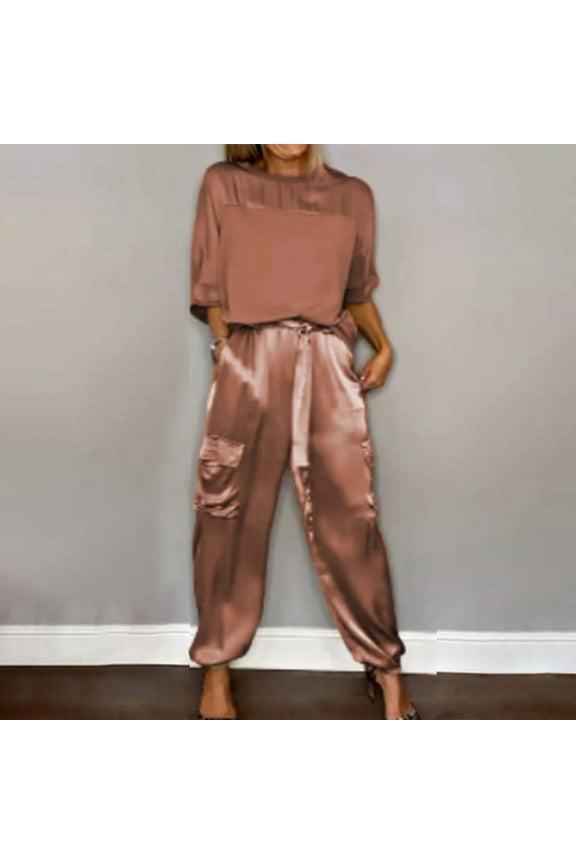 Women's Suiting Womens 2 Piece Outfits Dressy Pant Suits for a Wedding Casual Irregular Satin Wide Leg Pant Sets(Brown,Xxl)