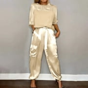 ZAZYULZ Women's Suiting Womens 2 Piece Outfits Dressy Pant Suits for a Wedding Casual Irregular Satin Wide Leg Pant Sets(Brown,Xl)