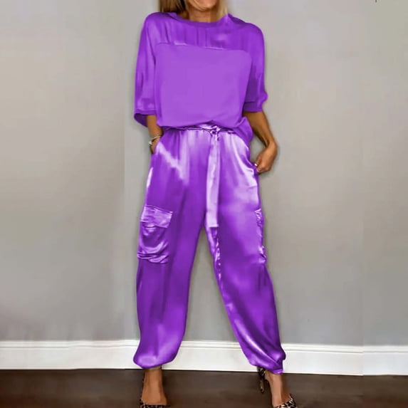 ZAZYULZ Women's Suiting Womens 2 Piece Outfits Dressy Pant Suits for a Wedding Casual Irregular Satin Wide Leg Pant Sets(Purple,Xxxl)