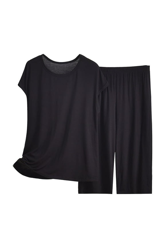 Womens Capri Pajama Sets Summer Short Sleeve Top With Capri Pants Soft 2 Pajamas(Black,Xl)