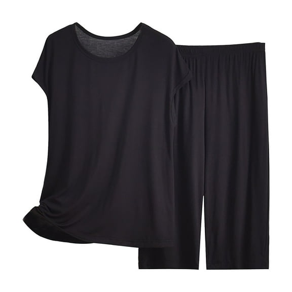 ZAZYULZ Womens Capri Pajama Sets Summer Short Sleeve Top With Capri Pants Soft 2 Pajamas(Black,Xxxxxl)