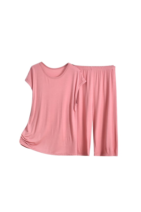 Womens Capri Pajama Sets Summer Short Sleeve Top With Capri Pants Soft 2 Pajamas(Pink,Xxxl)