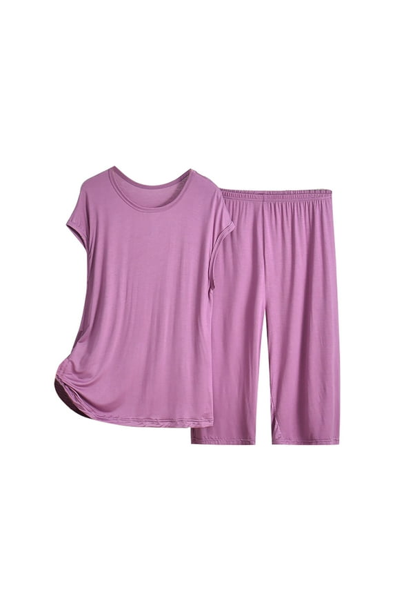 Womens Capri Pajama Sets Summer Short Sleeve Top With Capri Pants Soft 2 Pajamas(Purple,Xxl)