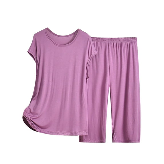 ZAZYULZ Womens Capri Pajama Sets Summer Short Sleeve Top With Capri Pants Soft 2 Pajamas(Purple,Xxxxl)