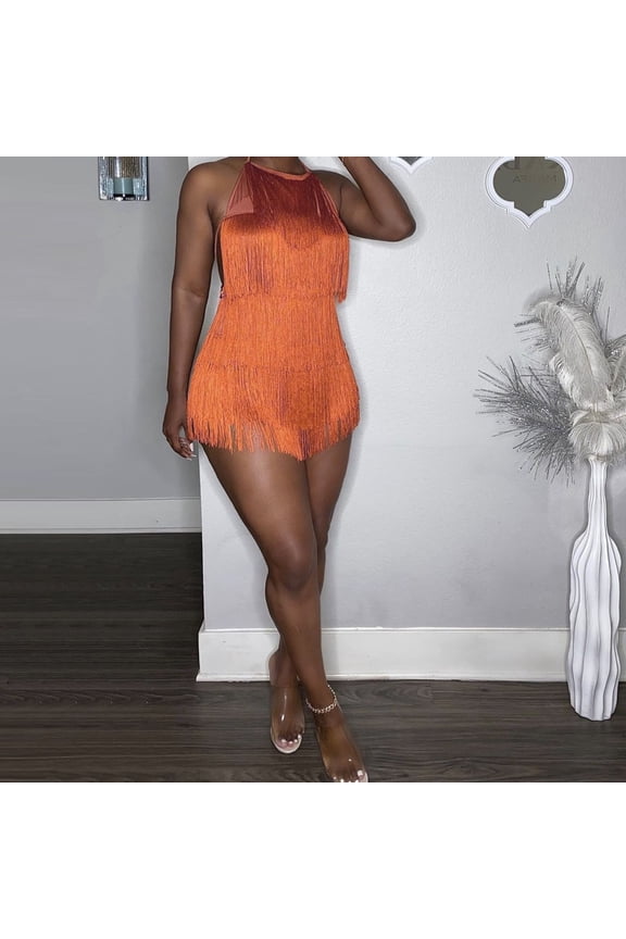 Womens Rompers for Summer Womens Solid Tassel Sexy Slim Fit Tassel Dress Slim Fit Jumpsuit Slim Fit Fashion Strap Jumpsuit(Orange,Xxl)