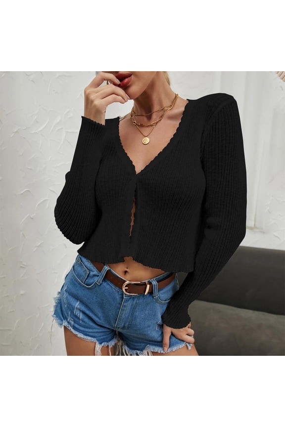 Womens Solid Button Down Long Sleeve Classic Crew Neck Knit Cardigan Sweater(Black,M)