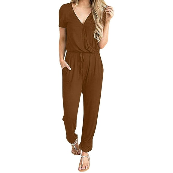 ZAZYULZ Womens Summer Jumpsuits 2024 Personalized Design Women's Short Sleeved Casual Loose V Neck Jumpsuit(Coffee,L)