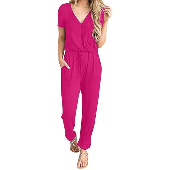ZAZYULZ Womens Summer Jumpsuits 2024 Personalized Design Women's Short Sleeved Casual Loose V Neck Jumpsuit(Hot Pink,Xl)