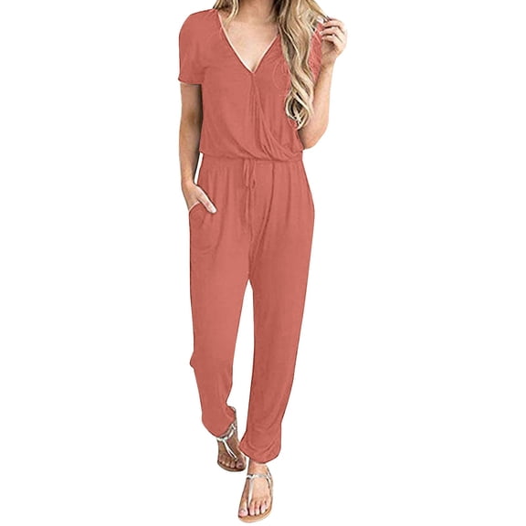 ZAZYULZ Womens Summer Jumpsuits 2024 Personalized Design Women's Short Sleeved Casual Loose V Neck Jumpsuit(Pink,Xl)