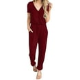 thumbnail image 1 of ZAZYULZ Womens Summer Jumpsuits 2024 Personalized Design Women's Short Sleeved Casual Loose V Neck Jumpsuit(Wine Red,L), 1 of 2