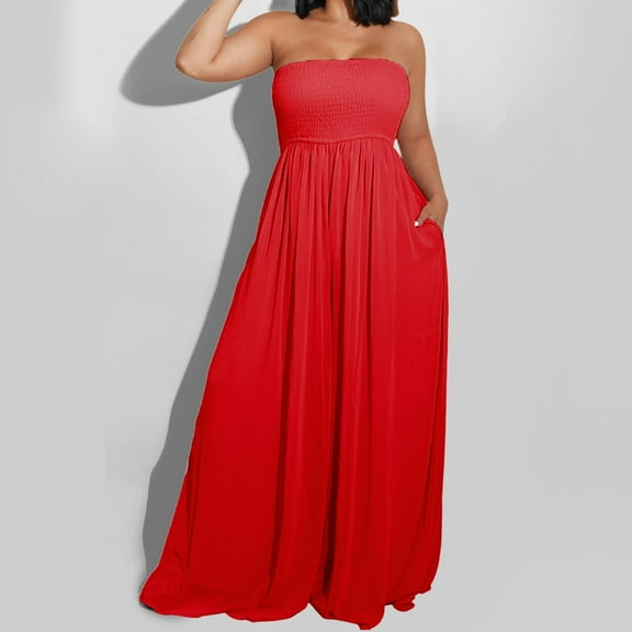 ZAZYULZ Womens Summer Jumpsuits 2024 Women's Summer Fashion Casual Smocked Wide Leg Jumpsuit Romper Sleeveless Tube Neck Jumpsuit(Red,Xl)