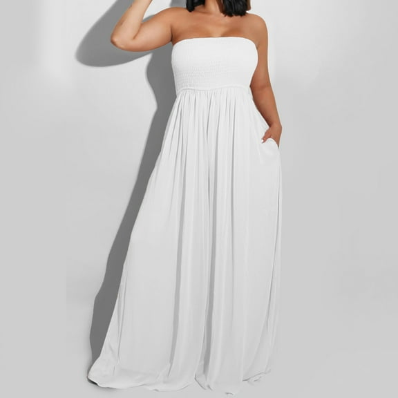 ZAZYULZ Womens Summer Jumpsuits 2024 Women's Summer Fashion Casual Smocked Wide Leg Jumpsuit Romper Sleeveless Tube Neck Jumpsuit(White,S)