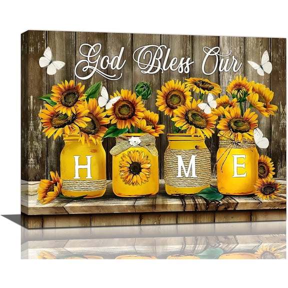 ZB Canvas God Bless Our Home Sunflower Mason Jar 1 in x 16 in Framed Canvas Art Prints
