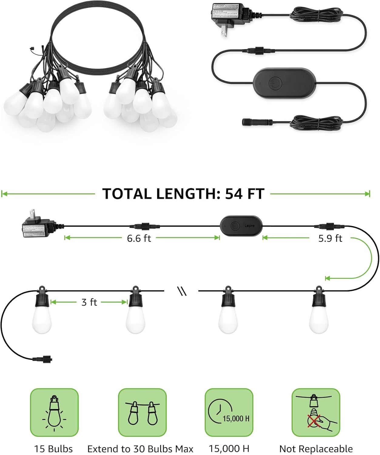 Lepro ZB1 AI Smart Outdoor String Lights – 54ft RGB+IC Warm White, 15 S14 Bulbs, Alexa/Google & APP Control, IP65 Waterproof