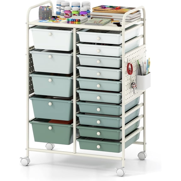 ZBAKF 15 Drawer Storage Cart, Rolling Craft Cart with Metal Tabletop & Pegboard, Mobile Utility Organizer Trolley with Locking Wheels, Home Office, Classroom, Teacher Supplies, Green Gradient