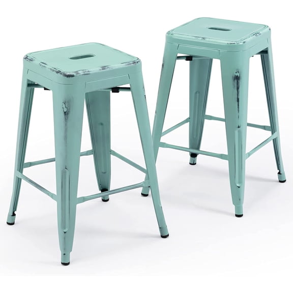ZBAKF 24" Metal Bar Stools Set of 2, Stackable Backless Counter Height Stools with 12" Seat, Non-Slip Feet, No Assembly, 300 lb Max Weight-Distressed Mint Green