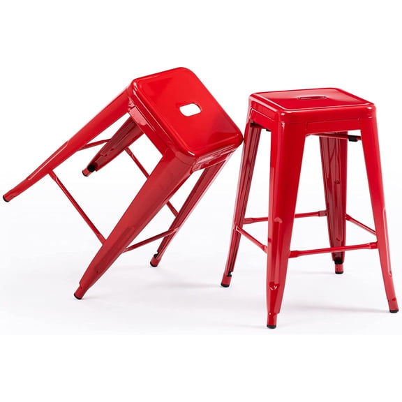 ZBAKF 24" Metal Bar Stools Set of 2, Stackable Backless Counter Height Stools with 12" Seat, Non-Slip Feet, No Assembly, 300 lb Max Weight-Red