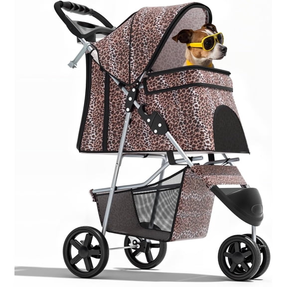 ZBAKF 3-Wheel Pet Stroller for Small & Medium Dogs and Cats, Foldable Travel Jogger with Breathable Mesh Cover, Safety Tethers, Cup Holder & Storage Basket, Lightweight Design-Leopard Print