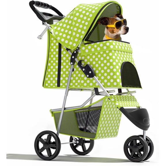 ZBAKF 3-Wheel Pet Stroller for Small & Medium Dogs and Cats, Foldable Travel Jogger with Breathable Mesh Cover, Safety Tethers, Cup Holder & Storage Basket, Lightweight Design-Lawn Green Polka Dots