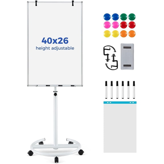 ZBAKF 40” x 26“ Rolling Whiteboard, Magnetic Dry Erase Board on Wheels | Height Adjustable Mobile White Board with Stand, Paper Clips, Storage Tray, Paper Pad, Magnets, Markers, for Office School
