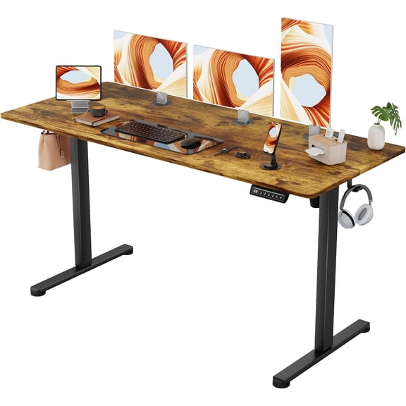 ZBAKF 55" Electric Standing Desk, Height Adjustable Sit-Stand Computer Desk with 4 Height Settings, 2 Memory Buttons, Phone Holder & Headphone Hook, Modern Home Office Desk-Rustic Brown