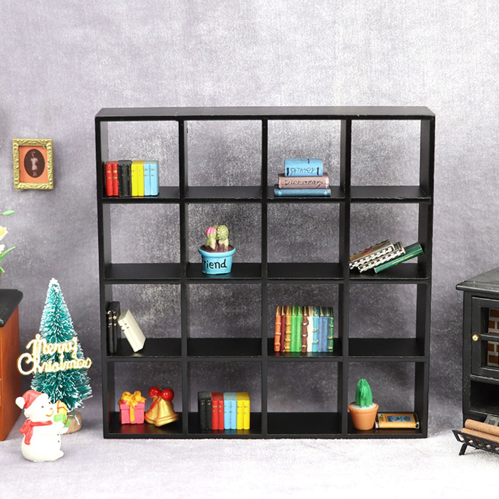 Miniature Collection Rack ZBFJINX 1: 12 Ratio Miniature Wood Storage Rack 16 Grid Shelves Storage ...