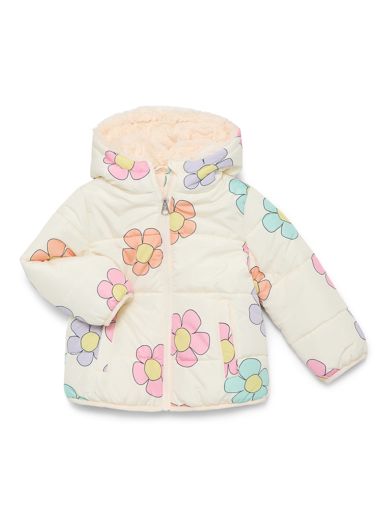 Jessica Simpson Toddler Girls Floral Puffer Jacket with Hood, Heavyweight, Sizes 2T-5T