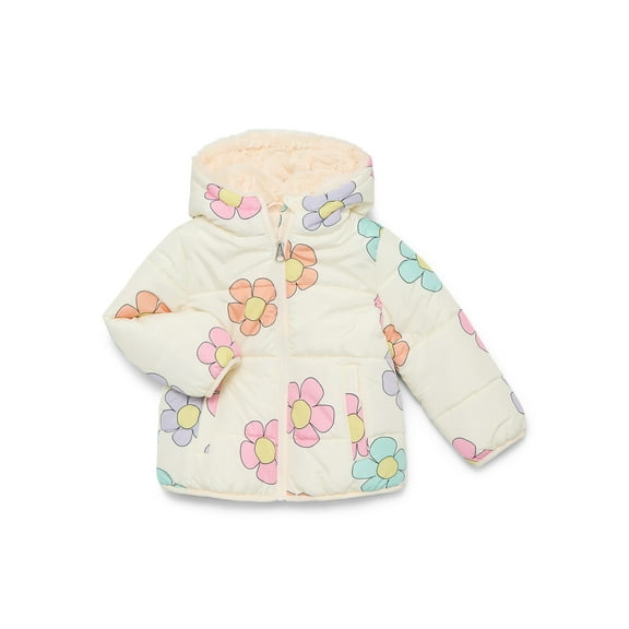 Jessica Simpson Toddler Girls Floral Puffer Jacket with Hood, Heavyweight, Sizes 2T-5T