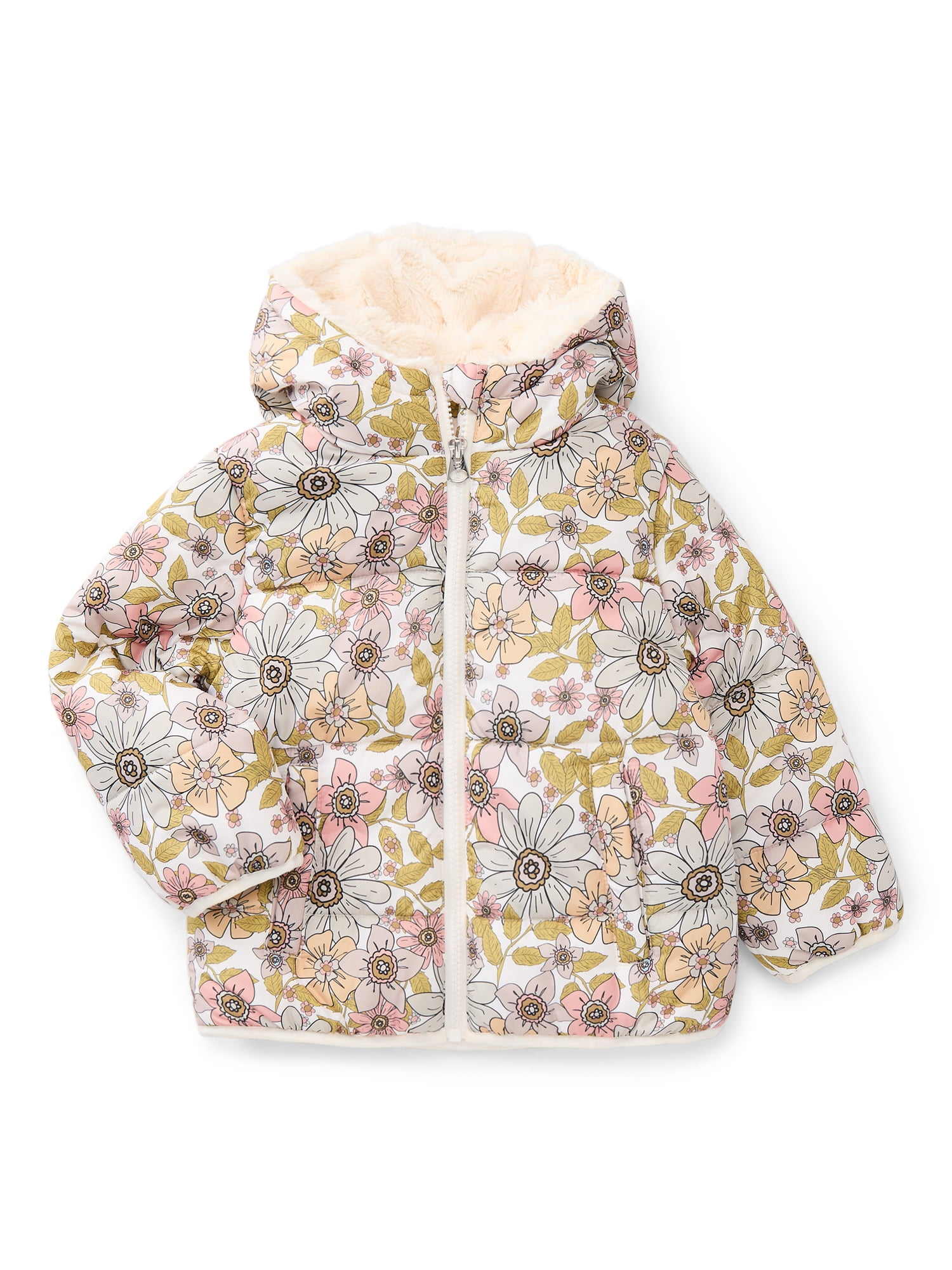 Jessica Simpson Toddler Girls Floral Puffer Jacket with Hood, Heavyweight, Sizes 2T-5T