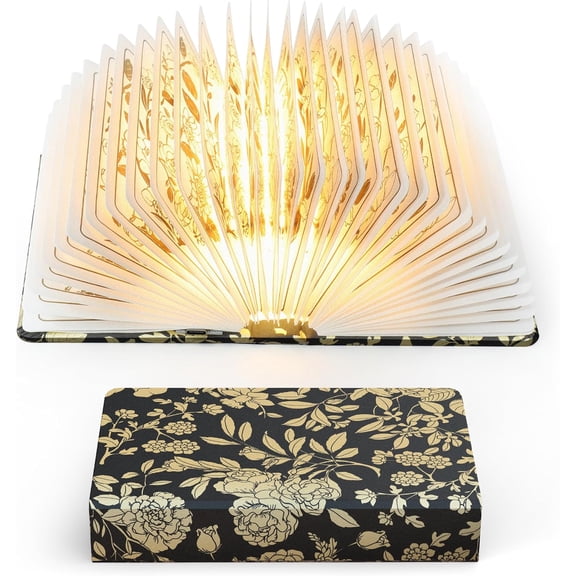 ZBOLE Floral Print Book Light,3-Color Book Lamp Book Lovers Gifts | 1200mAh Portable Foldable Paper Desk Lamp | Night Reading Bookshelf Lamp,Valentine Ambient Lighting Decorations Gifts(Black Gold))