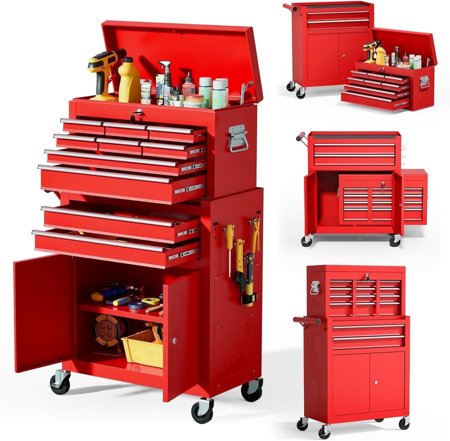 ZBOM 24.2 inch 10-Drawer Rolling Tool Chest, Sliding Metal Drawer Rolling Tool Storage Cabinet, Removable Toolbox Organizer for Workshop, Garage