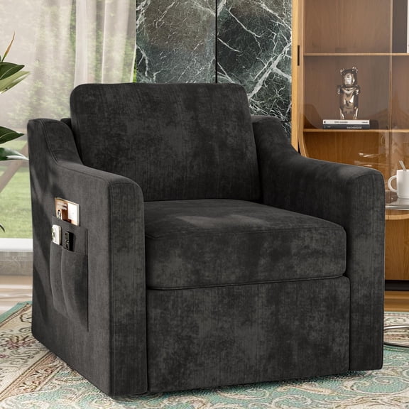 ZBOM 360° Swivel Modern Accent Chair, Large Comfy Reading Chairs, Accent Square Single-seat Armchair Upholstered Sofa for Reading, Living Room, Bedroom, Black